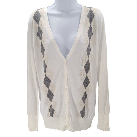 Old Navy Y2K women's cardigan white Argyle NWT Size Large Light academia Preppy - Picture 2 of 9